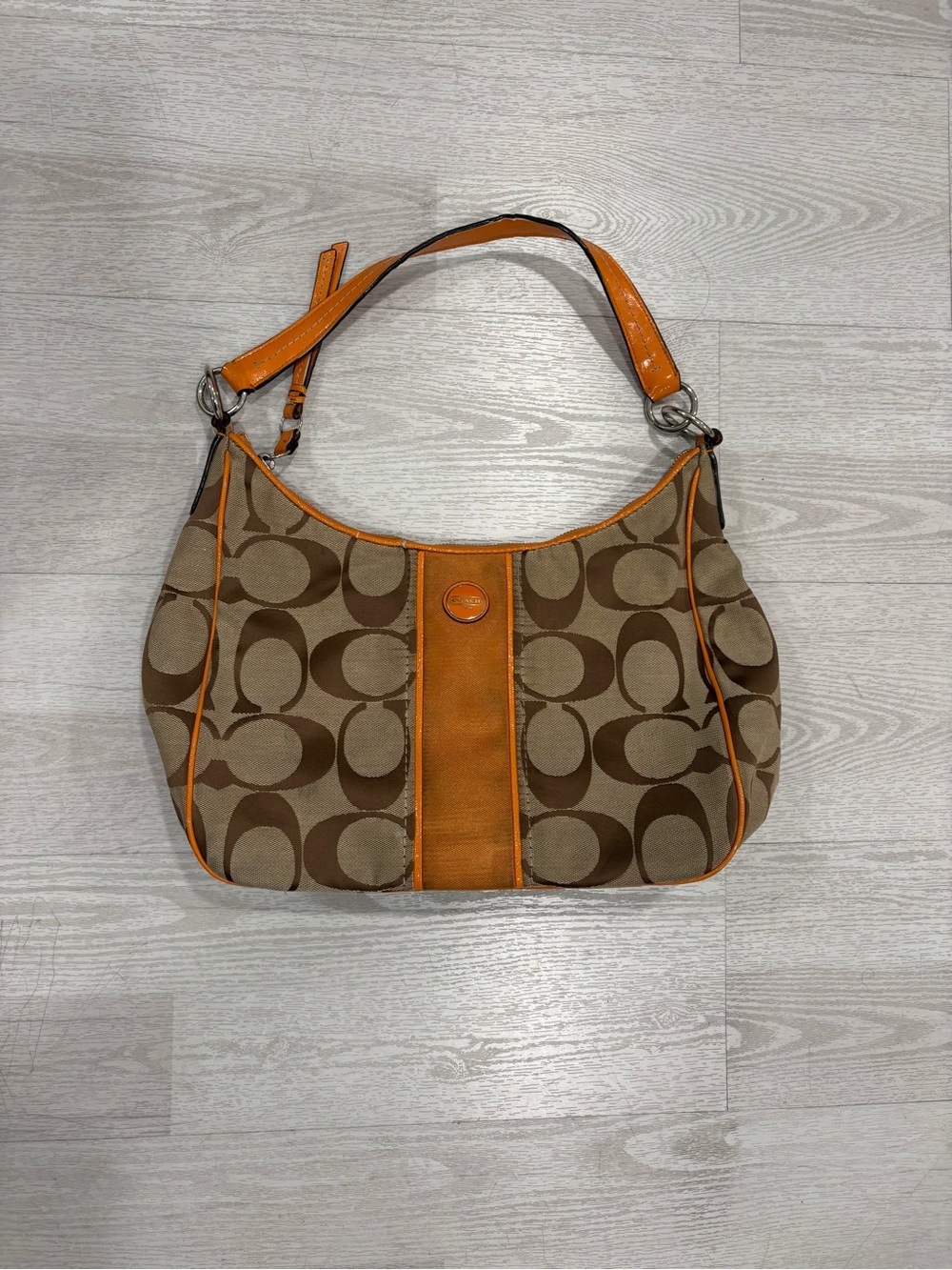 Coach Signature C Brown & Orange Patent Leather Trim Hobo Shoulder Bag F21873